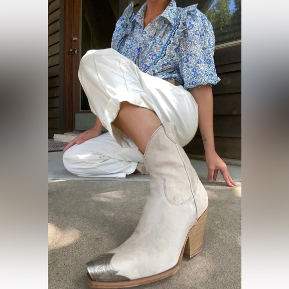 Free People Brayden Western Boot Ivory Bone Leather Pewter Etched Tip Zip